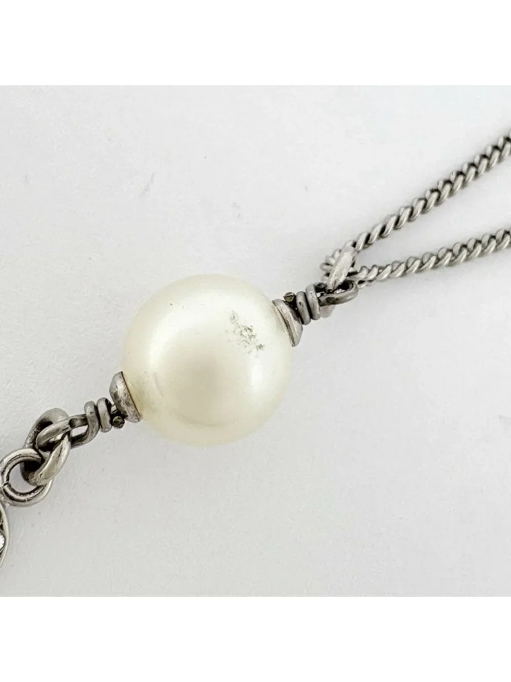 Chanel Necklace CC Logo Faux Pearl Silver Plated Rhinestone